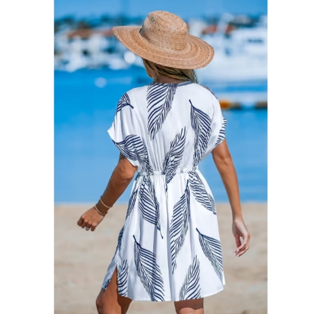 Navy & White Palm Leaf Dolman Sleeve Mini Cover-Up - Picture 3 of 8